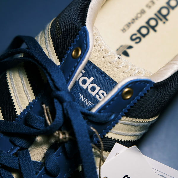 a pair of blue and white tennis shoes